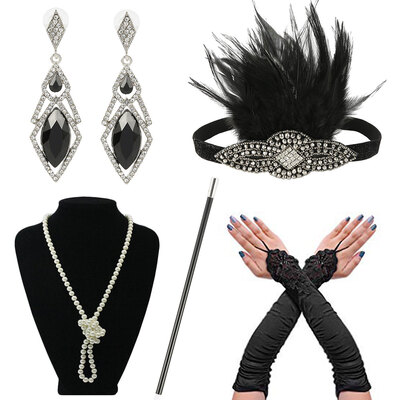 

1920 Womens Vintage GATSBY Feather Headbands Flapper Costume Accessory Cigarette Holder Pearl Necklace Gloves Set