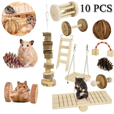 

10 Pcsset Wooden Dumbbells Teeth Care Molar Toy Hamster Toy Set Natural Wooden Exercise Bell Roller Toy