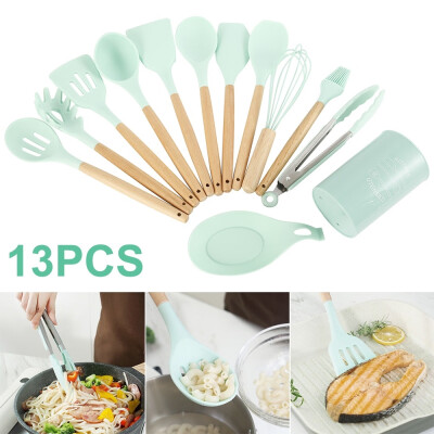 

913Pcs Creative Silicone Kitchenware Slip Wood Handle Kitchenware Nonstick Pan Silicone Cooking Spoon Shovel