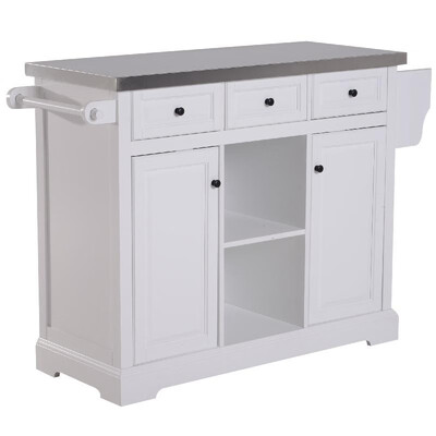 

51"  Wood Stainless Steel Portable Rolling Kitchen Island Cart with Wheels - White
