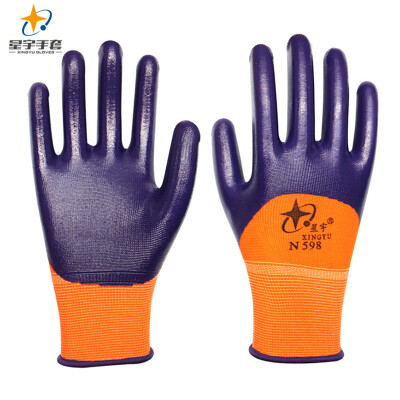 

Xingyu XINGYU labor insurance gloves nitrile semi-dipped rubber gloves wear-resistant oil-resistant acid&alkali protective gloves work protective gloves N598 purple 12 M code