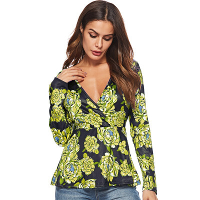 

Fashion New Casual Long Sleeve Tops Sexy Deep V-Neck Printed Flowers Shirt Top Women Chiffon Blouse Shirt Plus Size