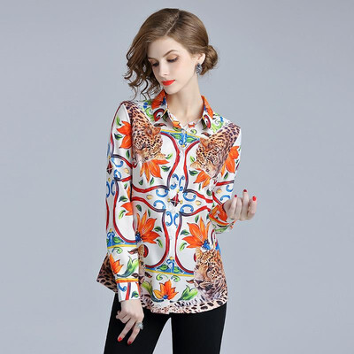 

M L XL elegant new autumn 2018 women blouse shirt long sleeve white flower animal digital print office lady top