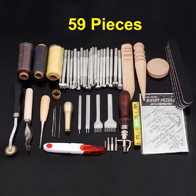 

59pcs Leather Craft Handmade Tools Kit Stitching Thinning Tool Wood Slicker Awl Waxed Thread Groover Stamping Punch Tools Kits