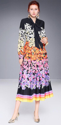 

L XL XXL elegant new autumn 2018 women long maxi dress long sleeve flower vintage digital print A line ankle length bow office