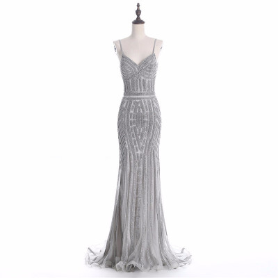 

2018 Robe De Soiree Diamond Evening Party Dress Nude Color Tulle Gray Silver Party Occasion Formal Long Evening Dress