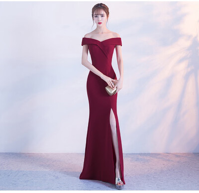 

Mermaid Split Sexy Boat Neck Long Evening Dress Elegant Off The Shoulder Solid Color Host Party Dinner Evening Dress