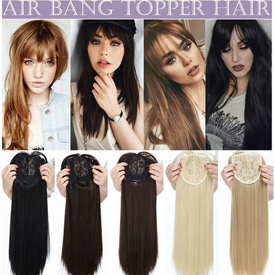 

17" Long Straight Hair Topper With Thin Air Bangs Clip In On Crown Topper Middle Part Synthetic Hairpiece For Women