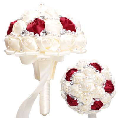 

18cm Artificial Wedding Bouquet Satin Rose Pearls Rhinestones Bridal Bouquet Wedding Supplies--Ivory White Red