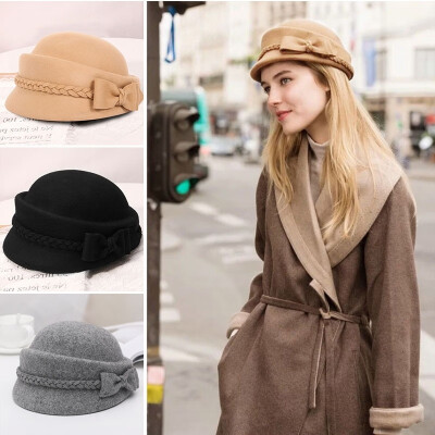 

Bow-Knot Beret Dome Wool Felt Material Pure Color Women Winter Berets Hat