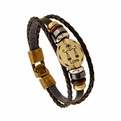 

Fashionable Bronze Alloy Buckles Zodiac Signs Bracelet Punk Leather Bracelet Wooden Bead & Black Hematite Lover Charm Jewelry
