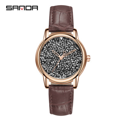 

SANDA P221 Simple Women Watch Leather Diamond Quartz Movement Watch Waterproof Casual Clock Wristwatch for Female