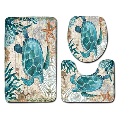 

4pcsset Turtles Printed Pattern Bathroom Decoration Water-resistant Shower Curtain Pedestal Rug Lid Toilet Cover Mat Non-slip Bat