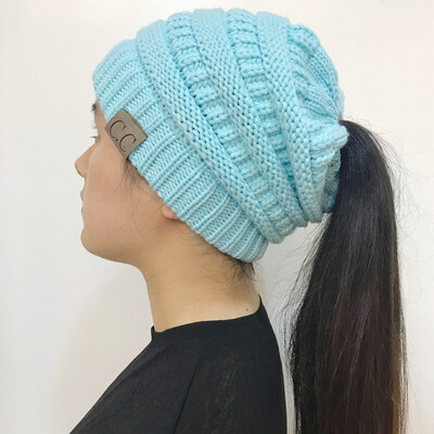 

Autumn winter hat knit ponytail warm cap ladies wool cap