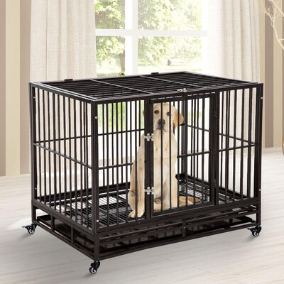 

42" Heavy Duty Steel Dog Crate Kennel Pet Cage w Wheels - Brown Vein
