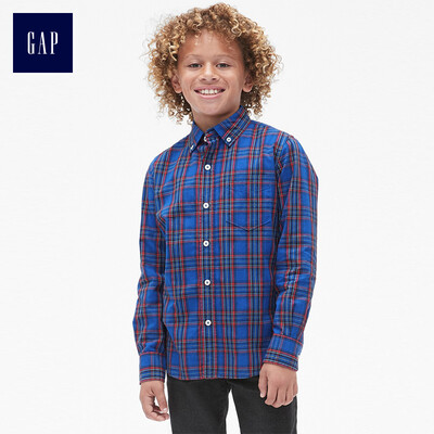 

GAP flagship store boy poplin plaid straight long-sleeved shirt 400136 cobalt blue