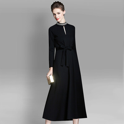

Her pool womens 2018 autumn&winter new round neck long-sleeved A version of the waist with a large swing cover slimming long dress T83Z1838A10S black
