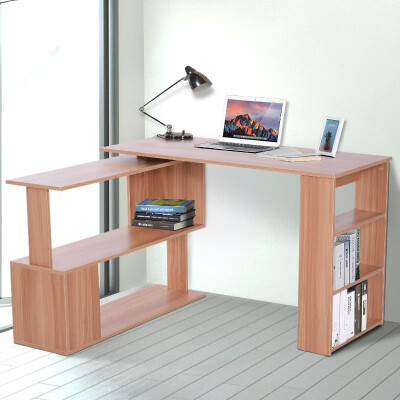 

Modern  Shaped Rotating Computer Desk with Bookshelves - Maple