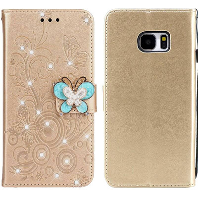 

MOONCASE Samsung Galaxy S7 Edge Butterfly Rhinestone Embossed Leather Case - Gold