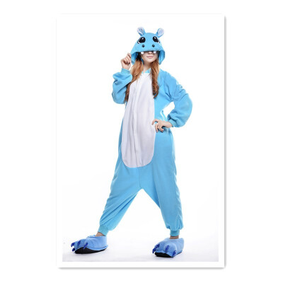 

Blue hippo cartoon pajamas cosplay womens mens winter unisex flannel pajamas adult animal pajamas