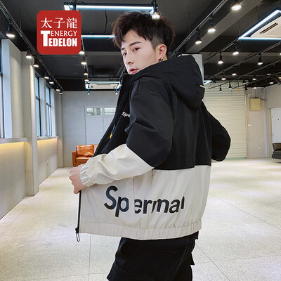 

Prince Edward TEDELON jacket mens 2019 spring new slim hooded jacket mens color matching simple windproof youth fashion clothes 9060 black khaki M