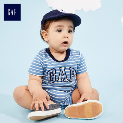 

GAP flagship store baby logo logo cotton striped basic short-sleeved one-piece jumpsuit 230146 blue stripes 52cm 0-March