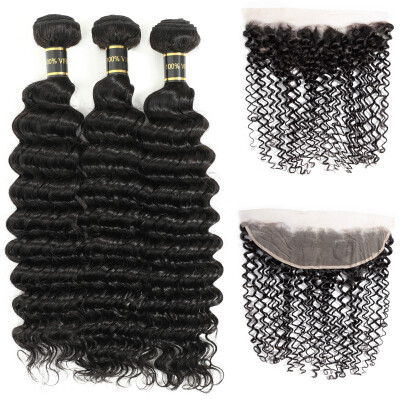 

Amazing Star Brazilian Deep Wave with Frontal Virgin Human Hair Bundles with Lace Frontal Free Part Natural Color