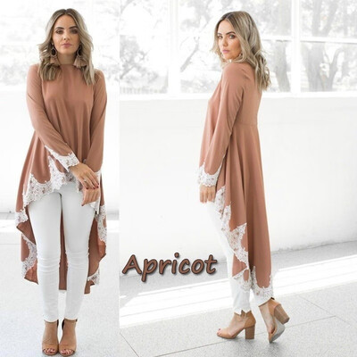 

Plus Size Women Ruffle High Low Symmetrical Long Sleeve Casual Loose Tops Blouse Trim Lace Shirt Dress Dovetail Hem T-Shirt