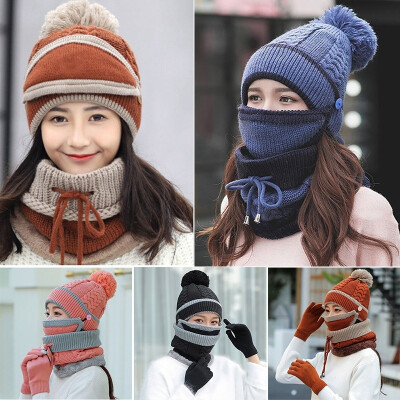 

Women Winter Warm Knitted Cotton Caps Touch Screen Gloves Masks&Scarves for Women Outdoor Cold Protection