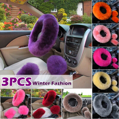 

3PcsSet Winter Warm Furry Car Steering Wheel Cover Long Plush Handbrake Car Accessory Universal Covers