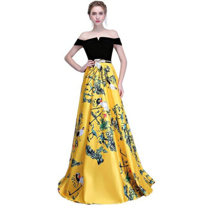 

Long Elegant Evening Dresses 2018 New Arrival Boat Neck Luxury Printed A-line Noble Banquet Party Prom Dress