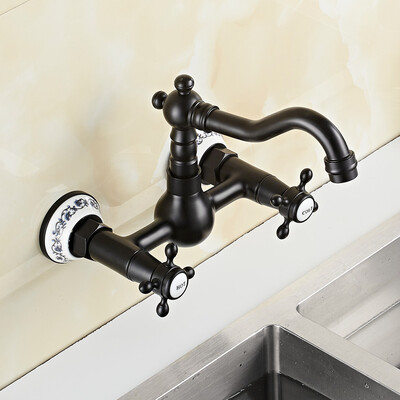 

Willstar Wall Mounted Kitchen Mixer Antique Black Brass Double Control Plum Cross Handwheel 360 ° Rotation Kitchen Faucet