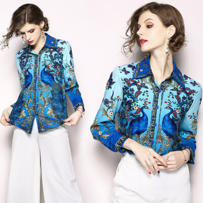 

DFYOP New Style Womens Prints Long Sleeves Gowns Lapel Shirts