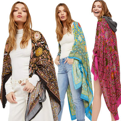 

Vintage Women Chiffon Kimono Cardigan Ethnic Boho Print Loose Long Outerwear Beachwear Bikini Cover Up RoseBlueCoffee