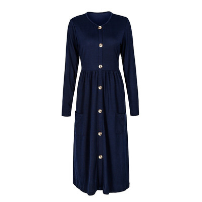 

Womens Long Sleeve Knit O-neck Casual Button Down Plain Swing Midi Dress with Pockets