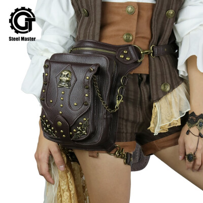 

steelmaster Punk Skull Waist Bags Brown Women Men Motorcycle Leather Leg Bag Phone Case Holder PU Vintage Rivets Shoulder Bag