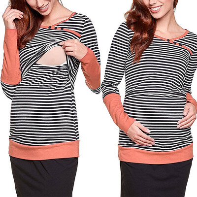 

Womens Maternity Striped Nursing Breastfeeding Shirt Long Sleeves Top Clothes Pink S