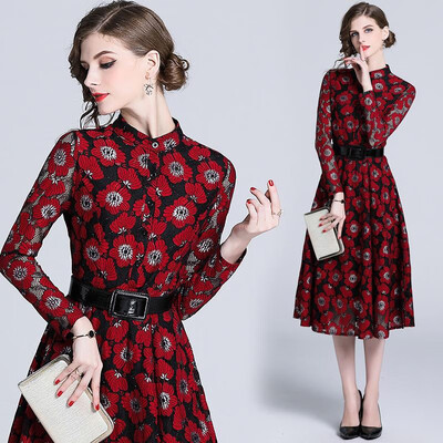 

L XL XXL elegant new spring 2019 lace long dress women long sleeve black red flower printed mid calf slim A line lady with belt