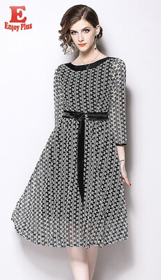 

M L XL XXL elegant lace new autumn 2018 dress women long sleeve black&white striped slim A line midi with belt office lady