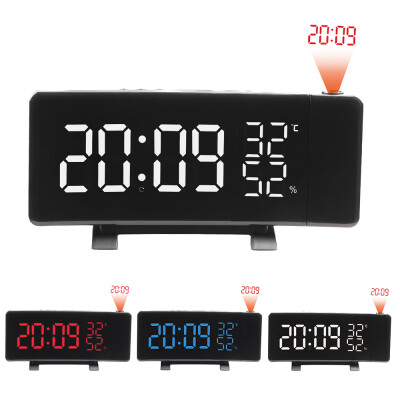 

USB Operated 3-Color Curved LED Screen Projection Radio Alarm Clock Dimmable Thermometer Hygrometer Clock with Dual Alarms Snooze