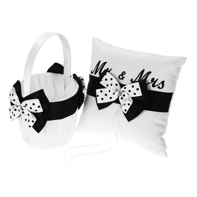 

7 7 inches White Black Bowknot Satin Ring Bearer Pillow&Wedding Flower Girl Basket Set