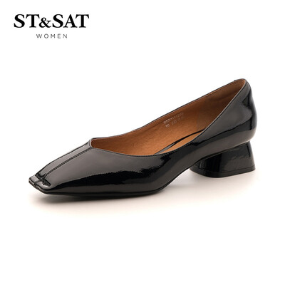 

Saturday womens shoes ST&SAT lacquered cow leather fashion simple&elegant shallow mouth thick with single shoes SS91111255 black 34