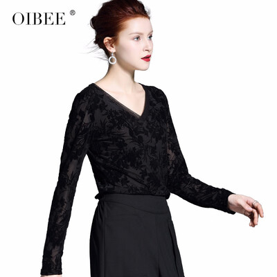 

OIBEE2019 spring&autumn new fashion wild V-neck mesh flocking long-sleeved lace shirt sexy slim bottoming shirt