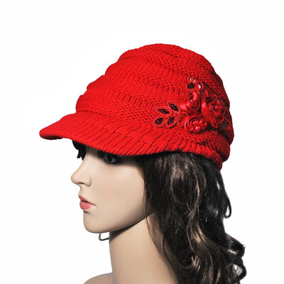 

Winter Women Cable Knitted Visor Hat with Flower Accent Thick Soft Warm Beanie Hats Wool Cap