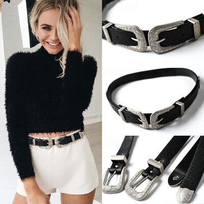 

Fashion Women Lady Vintage Boho Metal Leather Double Buckle Waist Belt Waistband