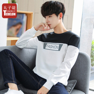 

Prince Dragon TEDELON long-sleeved T-shirt male 2019 spring new round neck solid color stitching casual Slim fashion trend sweater t-shirt clothes mens Y76 white