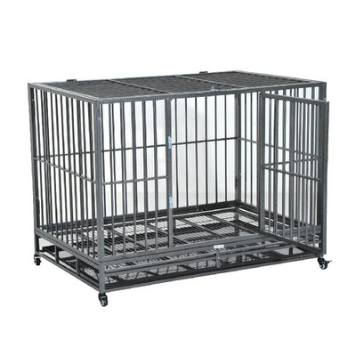 

48" Stainless Steel Elevated Indestructible Dog Kennel Rolling Pet Crate With Dual Pans