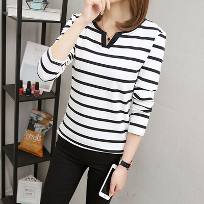 

CITYPLUS 2019 new V-neck striped long-sleeved slim bottoming shirt womens T-shirt CWTC191228 white