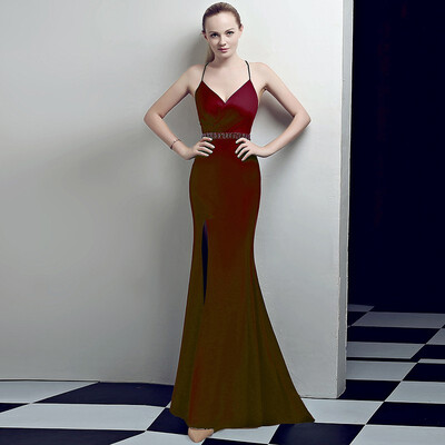 

Sexy V Neck Sling Mermaid Evening Dress Fashion Beading Backless Zipper Slim Party Dinner Evening Dress