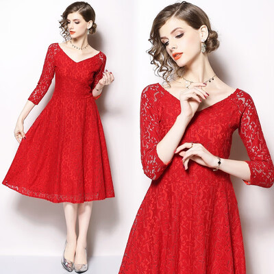 

Women Autumn Red Lace Dress High-End Ladies V-Neck Runway Hollow Out Half Sleeve Vintage Slim Sexy Party Dresses